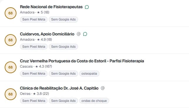 Lista de negócios encontrados, com nota e sinais de anúncio